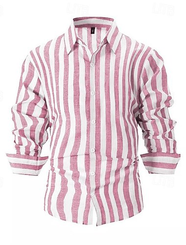  Herren Hemd Leinenhemd Sommerhemd Freizeithemd Strandhemd Baumwollhemd Streifen Urlaub Hawaiianisch Schwarz Rosa Rote Himmelblau Langarm Umlegekragen Frühling & Herbst Bekleidung Button-Down