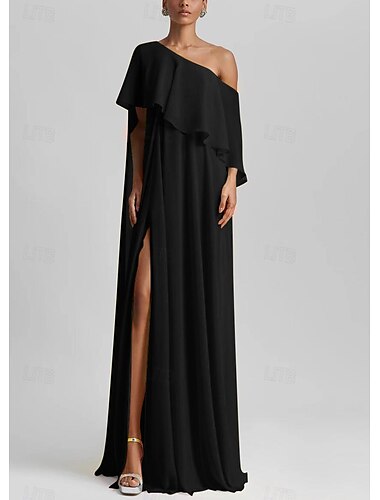  A-Linie Abendkleid Elegantes Kleid Strandhochzeit Formelle Hochzeitsgast Bodenlang Ärmellos Eine Schulter Stretch-Chiffon mit Rüschen Schlitz 2025
