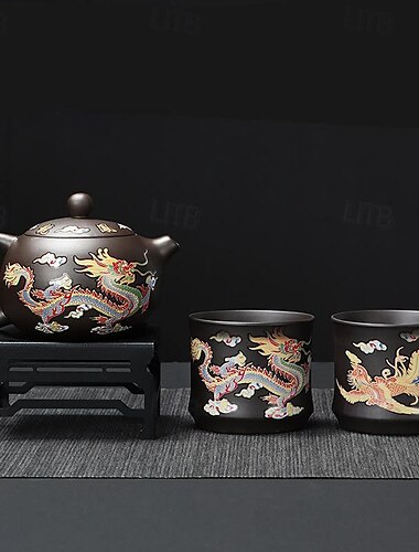  Farbwechselndes Teekannenset mit Drachenmotiv &Phoenix Zisha chinesisches Loong-Geschenk – hitzeempfindliches Kung-Fu-Teeservice mit Teekanne und Tassen, Geschäftsgeschenk