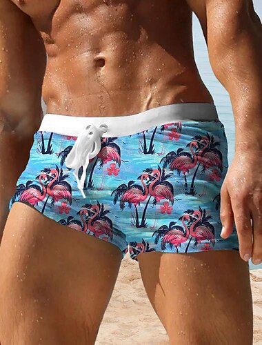  Herren Flamingo Vogel Blume / Blumenmuster Badehosen Badeshorts Boardshorts Mittlere Taille Mode Designer Surfen Ferien Strand Tasche Kordelzug Elastischer Bund Designer Bekleidung