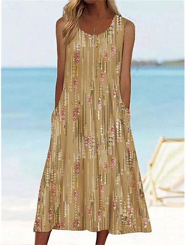  Damen Midi-Kleid Tank-Kleid Floral Grafik Raffung Tasche Rundhals Alltag Urlaub Ärmellos Sommer Frühling