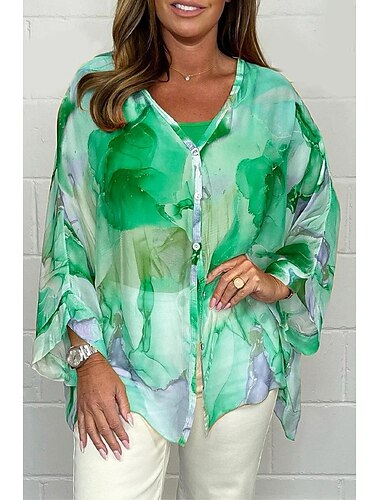  Damenbluse elegant Ombre Knöpfe Flatterärmel Langarm normale Oberteile V-Ausschnitt Alltag rosa blau orange grün Sommer Herbst