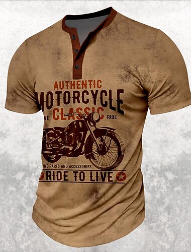  Camiseta Henley de Manga Corta para Hombre - Gráfica de Moto Clásica Auténtica 'Vivir para Andar' Camiseta de Motociclista