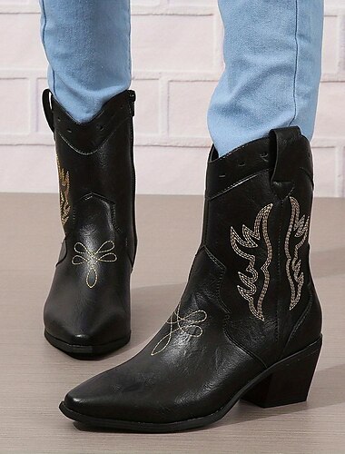  Damenstiefel Cowgirlstiefel Westernstiefel Wadenhohe Stiefel Booties Stiefeletten Cuban Heel Spitzschuh Kunstleder Reißverschluss Schwarz Weinbraun
