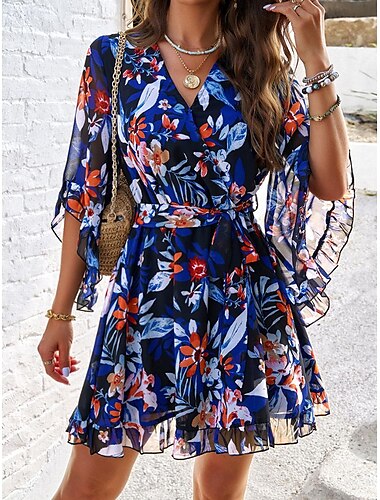  Femme Mini robe Robe Trapèze mode Vacances du quotidien Ample Floral Demi Manches Col V Bleu de minuit Eté