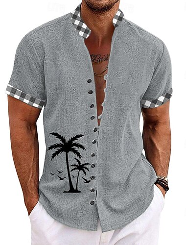  Herren Kokosnussbaum Tropische Pflanzen Hemd Hawaiihemd Sommerhemd Knopfhemd Kurzarm Hemd Stehkragen Opa Kragen Brautkleider schlicht Stamm Täglich Hawaiianisch Blau Grün Khaki S M L