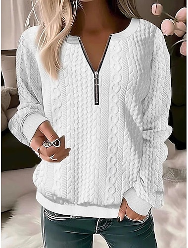  Sudadera para mujer, estilo casual, con textura, lisa, para uso diario, cuello redondo, cremallera de un cuarto, manga larga, negra, blanca, roja, gris, otoño&amp; invierno