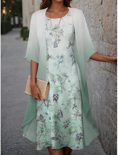  Kvinnes eksamenskjole midi kjole bryllupsgjest cocktailkjole chiffon ferie mote moderne trykk uformell elegant to-dels kjolesett crew neck halv erme blomster løs passform rosa vår