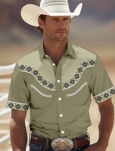  Herren Südwestlicher Druck Hemd Westernhemd Cowboy-Shirt Kurzarm westlicher Stil Stamm Sommer Frühling Hemdkragen Schwarz Gelb Rote Grün