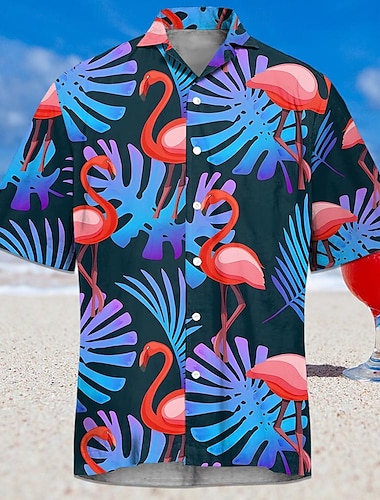 Herren Flamingo Tropisch Hawaiihemd Sommerhemd Aloha-Shirt Kurze Ärmel Hemd Umlegekragen Hawaiianisch Resort Outdoor Urlaub Strasse Weiß Rosa Blau S M L