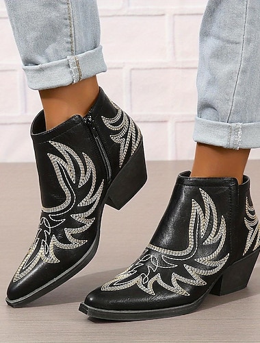  Femme Bottes Bottes de cow-girl Extérieur du quotidien Bottines Bottines Fermeture Talon Cubain Bout pointu Rétro Vintage Marche Polyuréthane Fermeture Vin