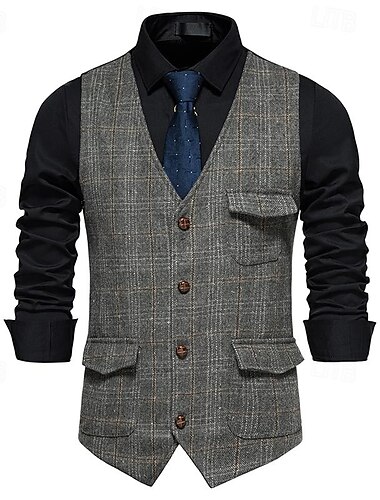  Herren Weste Geschäft Casual Hochzeitsfeier Kleid Komfortabel Frühling, Herbst, Winter, Sommer Polyester 95% Polyester 5% Elasthan Plaid / Karomuster Vorne geknöpft V Ausschnitt Regular Fit Schwarz