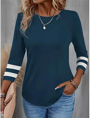  Damen T Shirt Glatt Basic Langarm Rundhalsausschnitt Normale Oberteile Täglich Wochenende Schwarz Rote Blau Herbst Winter