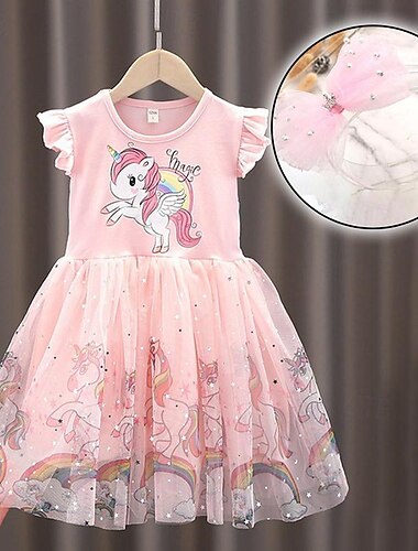  Kinderkleid für kleine Mädchen mit Einhorn-Motiv, A-Linie, für den Alltag, Urlaub, Netzdruck, blau, rosa, knielang, kurze Ärmel, süße Prinzessinnenkleider, Frühling, Sommer, normale Passform, 2–8