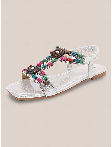  Damen Sandalen Boho Retro Urlaub Strass Perlenstickerei Knopf Flacher Absatz Böhmen Urlaub Vintage Kunstleder Gummiband Silber Schwarz Gold