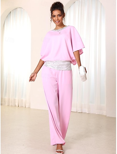  Femme Elégant Chemise Pantalon large Demi Manches Col Ras du Cou Plein Paillettes Soirée Noir Rose Claire Rouge Eté Standard