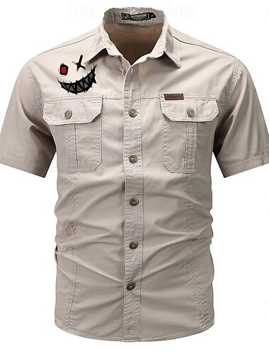  Herren Lächelndes Gesicht Hemd Westernhemd Cargo-Shirt Kurzarm Brautkleider schlicht Taktisch Ausgehen Sommer Frühling Herbst Umlegekragen Knopf Bedruckt Schwarz Grün Dunkelblau Beige Grau