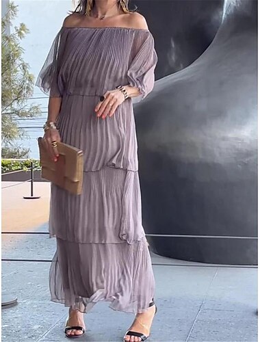  Mulheres Vestido branco Vestido Longo Chiffon Frufru Multi Camadas Encontro Férias Roupa de rua Maxi Ombro a Ombro Meia Manga Preto Branco Vermelho Cor