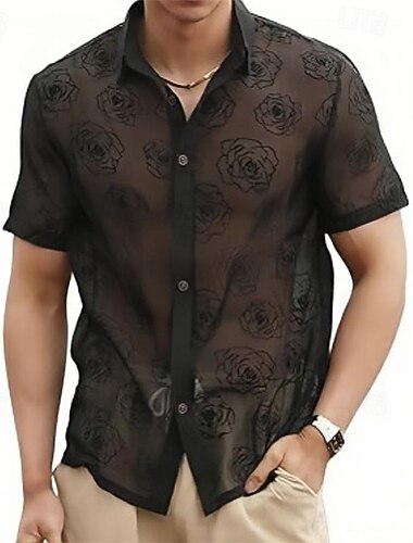  Herren Hemd Sommerhemd Mesh-Shirt Transparentes Hemd Transparente Bluse Schwarz Kurzarm Rose Einfach Umlegekragen Urlaub Hawaiianisch Netz Bekleidung Polyester Mode Lässig Bequem