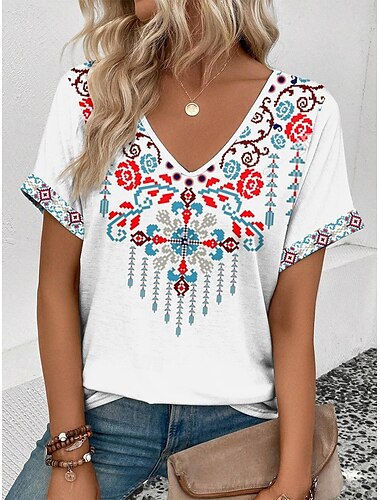  Damen T-Shirt Boho Kurzarm Normal Oberteile V-Ausschnitt Alltag Weiß Sommer