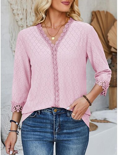  Damen Bluse Elegante Oberteile Täglich 3/4 Ärmel V Ausschnitt Spitze Salbeigrün Schwarz Rosa Beige Frühling Sommer