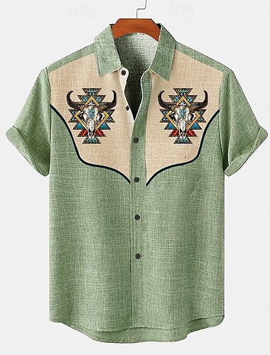  Herren Hemd leinenhemd Retro-Shirts Vintage-Shirt Ethnisches Hemd Western Arbeit Normal Blau Grün Kaki Kurzarm Umlegekragen Sommer Frühling Bekleidung