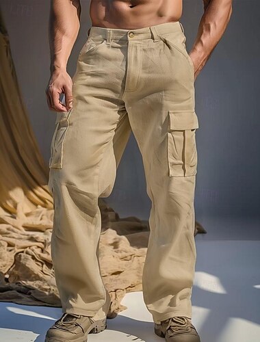  Voor heren Linnen broek Broek Zomerbroek Meerdere zakken Recht been Effen Comfort Ademend Volledige lengte Buiten Casual Dagelijks Modieus Streetwear Zwart Wit