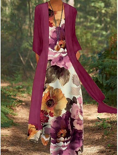  Damen Kleid-Set Casual kleid Schaukelkleid Kleid drucken Modisch Modern Blumen Bedruckt kleid lang 3/4 Ärmel Rundhalsausschnitt Outdoor Verabredung Wein Dunkelgrün Purpur Sommer Lockere Passform