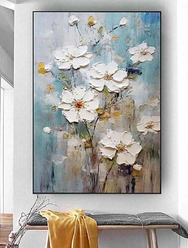  handgemaakte olieverf canvas kunst aan de muur decoratie dikke olie witte abstracte bloemen voor huisdecoratie gerold frameloos ongerekt schilderij