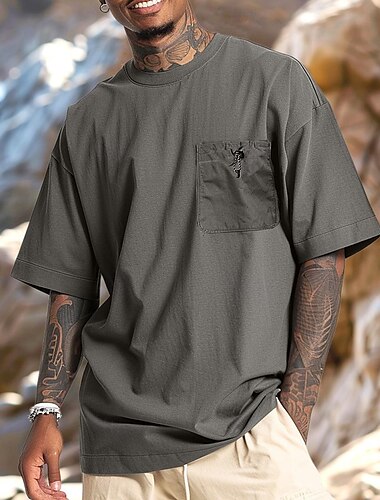  Hombre Camisa manga corta Camiseta superior Manga Corta Cuello Barco Verano Color sólido Diario Estilo callejero Bolsillo Diseño de cordón elástico Exterior Calle Casual gris oscuro Verde Azul Marino