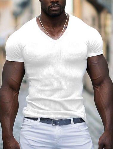  Herre T skjorte Muskelskjorte Ribbestrikket t-skjorte T-skjorte Kort Erme V-hals Sommer عادي Pit Strip Mote Designer Grunnleggende Knapper Feriereise Gate Ut på byen Svart Hvit Navyblå Topp T-skjorte