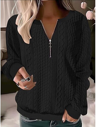  Damen Sweatshirt Pullover lässig strukturiert schlicht Alltagskleidung Rundhals Viertelreißverschluss Langarm schwarz weiß rot grau Herbst&amp; Winter