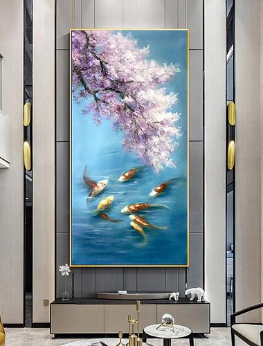 pez koi pintura al óleo abstracta pez arte original pintado a mano pez dorado arte al óleo animales flores de cerezo decoración de arte de pared para regalos caseros para su lienzo enrollado (sin