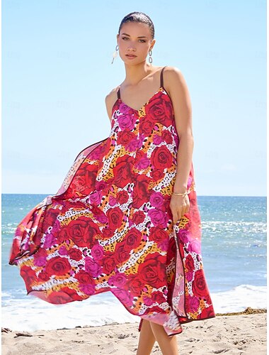  Dam Bandklänning Solklänning Sommarklänning Midiklänning Rubinrött Rem Tryck Reste sig Blommor V-ringad Mönster Asymetrisk fåll Vår & sommar V-hals Sexig V-Front semester klänning Semester S M L