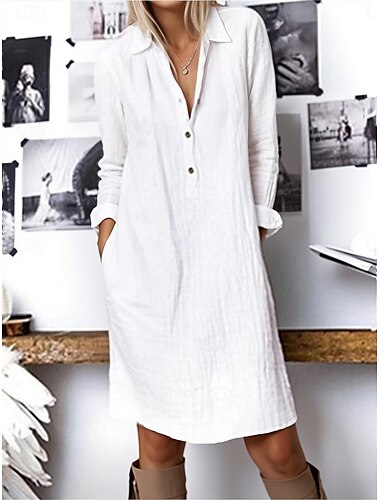 Femme Blanche Jaune bleu marine Eté Printemps Robe mi-longue robe blanche Robe chemise Robe en coton et lin basique Moderne du quotidien Fin de semaine Ample Plein Col de Chemise