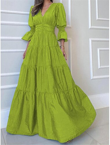  Damen A Linie Kleid Maxidress Rüschen Hochzeit Party Elegant Ausgefallene V Ausschnitt 3/4 Ärmel Rote Blau Grün Farbe