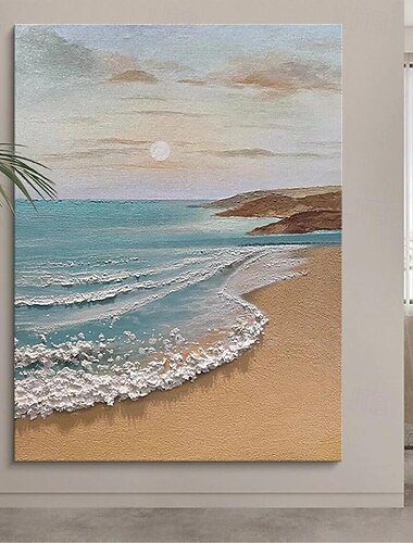  空と海の絵 手描きの落ち着いた風景画 ニュートラルな風景油絵 手作りのライトベージュの美しいアクリル波の海の絵 ミニマリストアートの絵画