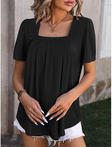  Women's Shirt Dressy Tops Plain Stylish Casual Short Sleeve Square Neck Regular Tops Vacation Daily Tiered Black Royal Blue Green Rose Pink Summer