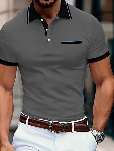  Herren Business-Polo Golfhemd Formal Geschäft Gerippter Polokragen Klassisch Kurzarm Modisch Basic Farbblock Patchwork Sommer Regular Fit Dunkelgrau Purpur Business-Polo
