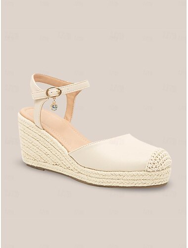  Damen Sandalen Boho Espadrille Mary Jane Täglich Urlaub Strand Strass Keilabsatz Böhmen Urlaub Modisch Mikrobielles Leder Knöchelriemen Mandelfarben Khaki