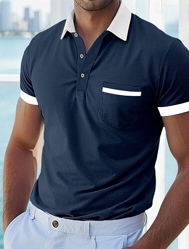  Herren Golfshirt Piqué-Poloshirt Arbeit Lässig Revers Gerippter Polokragen Kurzarm Basic Modern Farbblock Patchwork Knöpfe Frühling & Sommer Normale Passform Dunkelgrau Weiß Rote Marineblau Blau