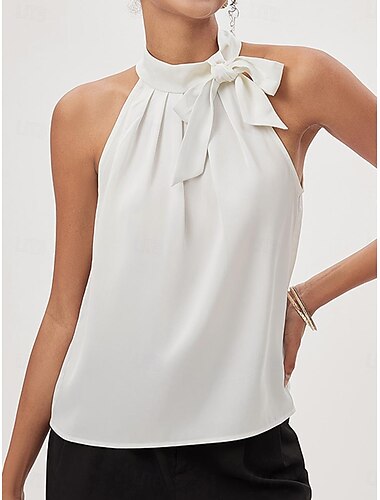  Damen Bluse Elegante Oberteile Glatt Elegant Modern Ärmellos Ärmellos Halfterhals Normale Oberteile Arbeit Rüschen Schleife Weiß Sommer