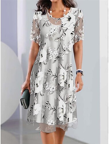  Dames Halflange jurk Chiffon jurk Zomerjurk Jurk met print Modieus Streetwear Volwassen Buiten Vakantie Dagelijks Normale pasvorm Bloemig Korte mouw Strakke ronde hals Grijs Zomer Lente