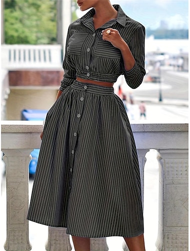  Damen Kleid-Set blusenkleid Klassisch Modern Streifen Knopf kleid lang 3/4 Ärmel Hemdkragen B¨¹ro Täglich Schwarz Blau Grün Sommer Regular Fit