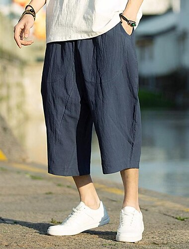  Voor heren Linnen broek Capri broeken Zomerbroek Strandbroeken Zak Trekkoord Elastische taille Effen Comfort Ademend Kuitlengte Vakantie Dagelijks Feestdagen Hawaii Boho Zwart Wit