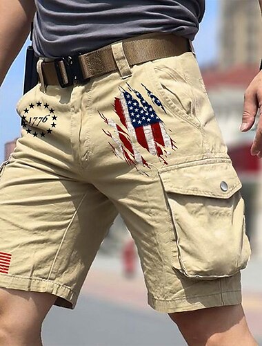  Herren Cargo Shorts Kurze Hosen Kordelzug Fahne Amerikanische Flagge Nationalflagge Knitterfrei Knielänge Outdoor Geschäft Täglich Modisch Designer Grün Khaki Mikro-elastisch