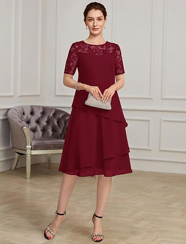  A-Linie Mutter der Braut Kleid Formal Elegantes Juwelen-Hals Tee-Länge Chiffon Kurzarm mit Spitze 2025 kostenlose benutzerdefinierte Größe