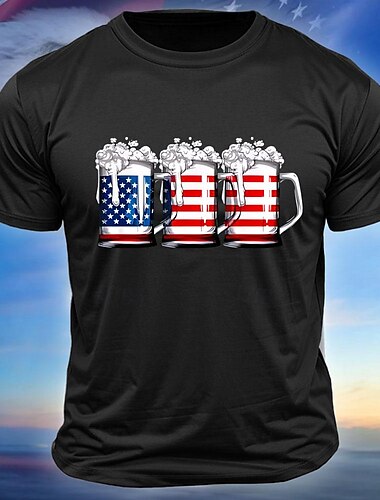  Herren Amerikanische US-Flagge Bier Flagge / Nationalflagge T Shirt Kurzarmshirt Baumwolle Kurzarm Grafik Hemd Schwarz Weiß Armeegrün Bequemes T-Shirt Straße Sport im Freien Modedesigner-Kleidung