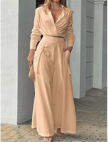 Damen Elegant Stilvoll Hemd Baumwoll-Leinen-Sets Zweiteilige Sets Weitbeinige Hosen Langarm Hemdkragen Einfach Büro Arbeit Schwarz Weiß Blau Sommer Normale Passform