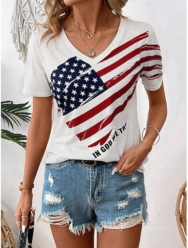  Självständighetsdagen Kvinna Patriotisk Fjärde Juli T-shirt Casual Amerikansk Flagga Röd Vit Och Blå Kortärmad Vanliga Toppar V-ringad Daglig Vit Sommar